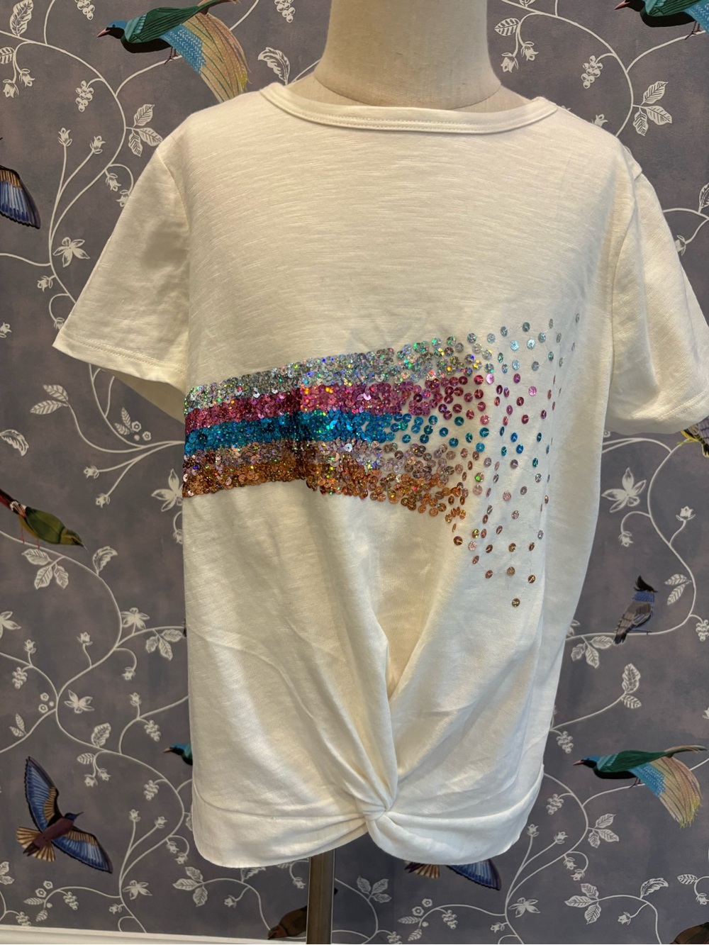 NWOT SO White Sequin Sparkle Rainbow Stripe Tee Shirt Kid size L 10/12